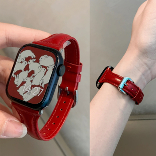 真皮小蛮腰女款 红色表带适用于苹果手表iwatchs11Applewatch10代9