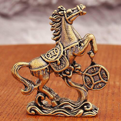 家居铜钱茶宠生肖桌面时来运转小马踏纯铜工艺品摆件黄铜马到成功
