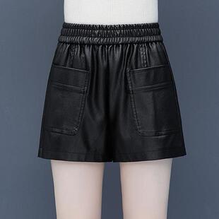 显瘦松紧腰气质外穿阔腿皮裤 胖妹妹pu皮短裤 加大码 新款 女2025春装
