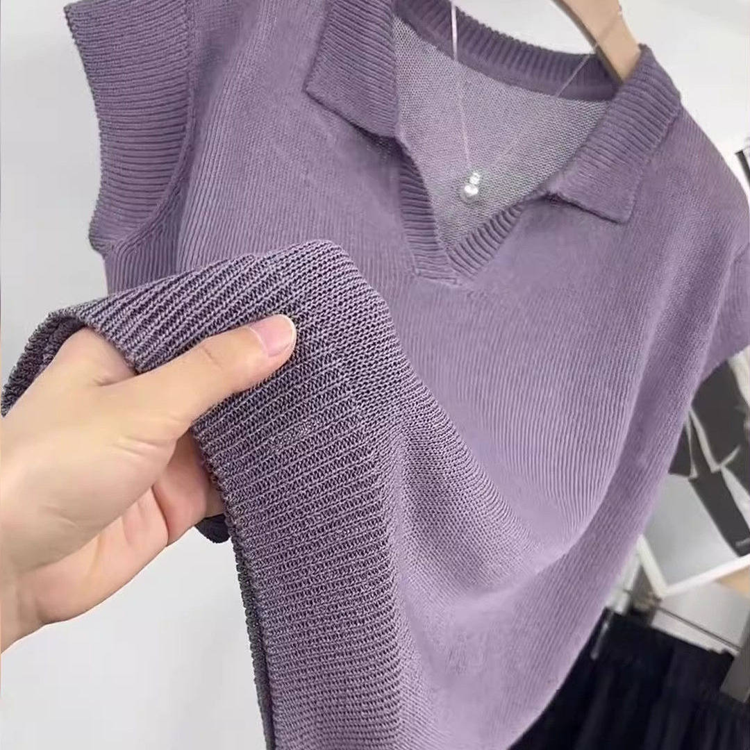 紫色polo领冰丝针织短袖t恤女夏