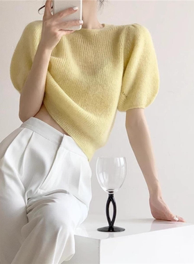 黄色半袖针织打底衫女2025早秋款法式富家千金短袖t恤泡泡袖上衣