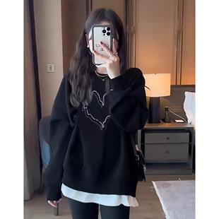 黑色假两件卫衣女2025春季新款oversize中长款遮屁股配鲨鱼裤上衣