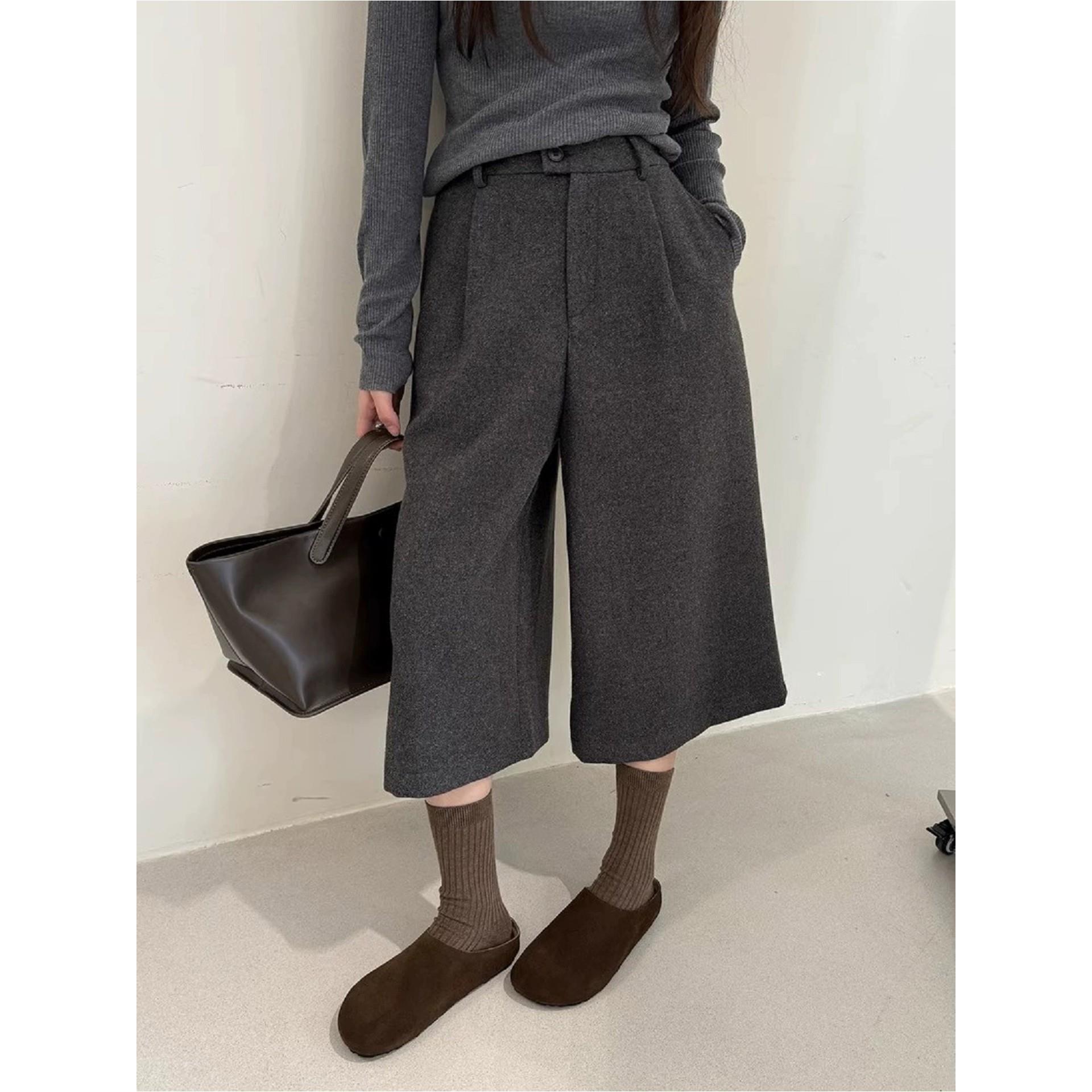 灰色毛呢七分裤女2025新款秋冬加厚直筒裤大码胖mm显瘦八分阔腿裤