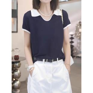 撞色polo领冰丝短袖 百搭上衣 T恤女2025夏大码 胖MM宽松显瘦针织衫