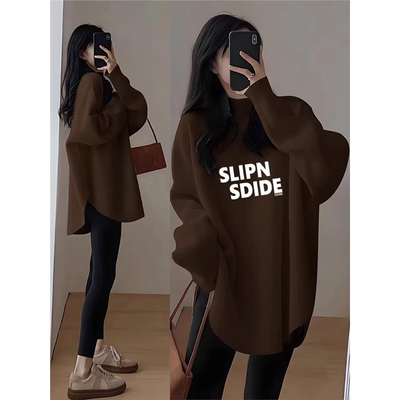 加绒中长款t恤女秋冬半高领德绒打底衫内搭可外穿配鲨鱼裤的上衣