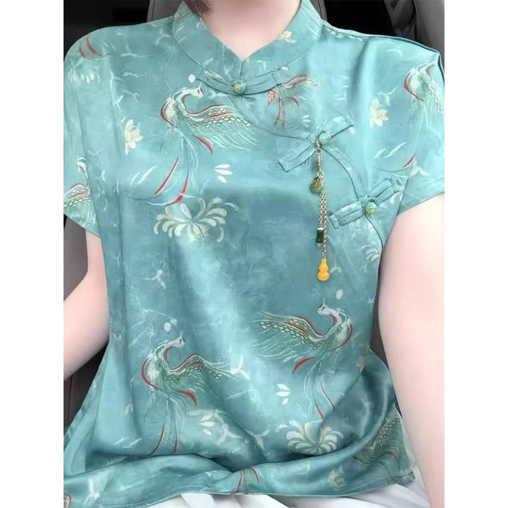新中式国风短袖T恤女夏季高端大牌蓝色妈妈小衫盘扣设计感上衣