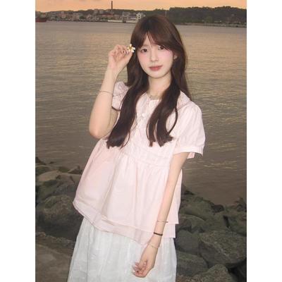 粉色娃娃领衬衫短袖T恤女2025新款爆款夏日韩系泡泡袖漂亮小上衣