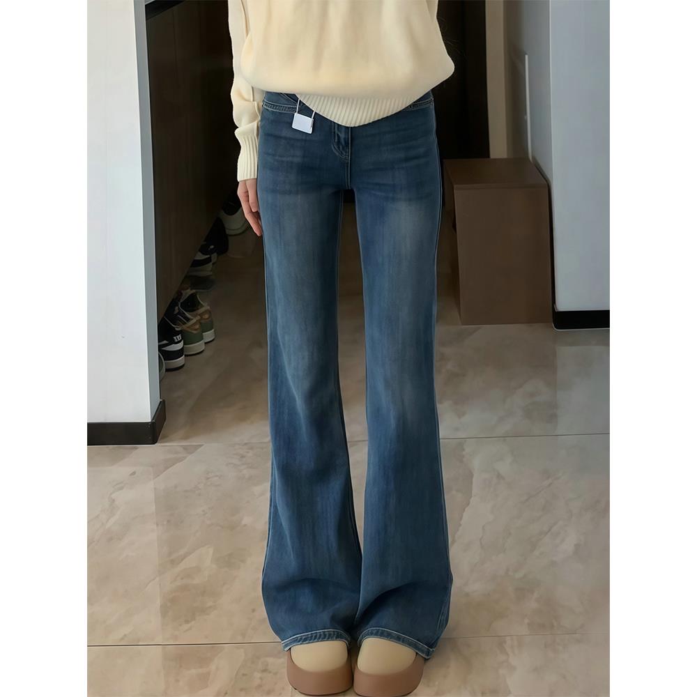 蓝色微喇叭牛仔裤女2025秋季大码胖MM梨形身材高腰显瘦修身喇叭裤