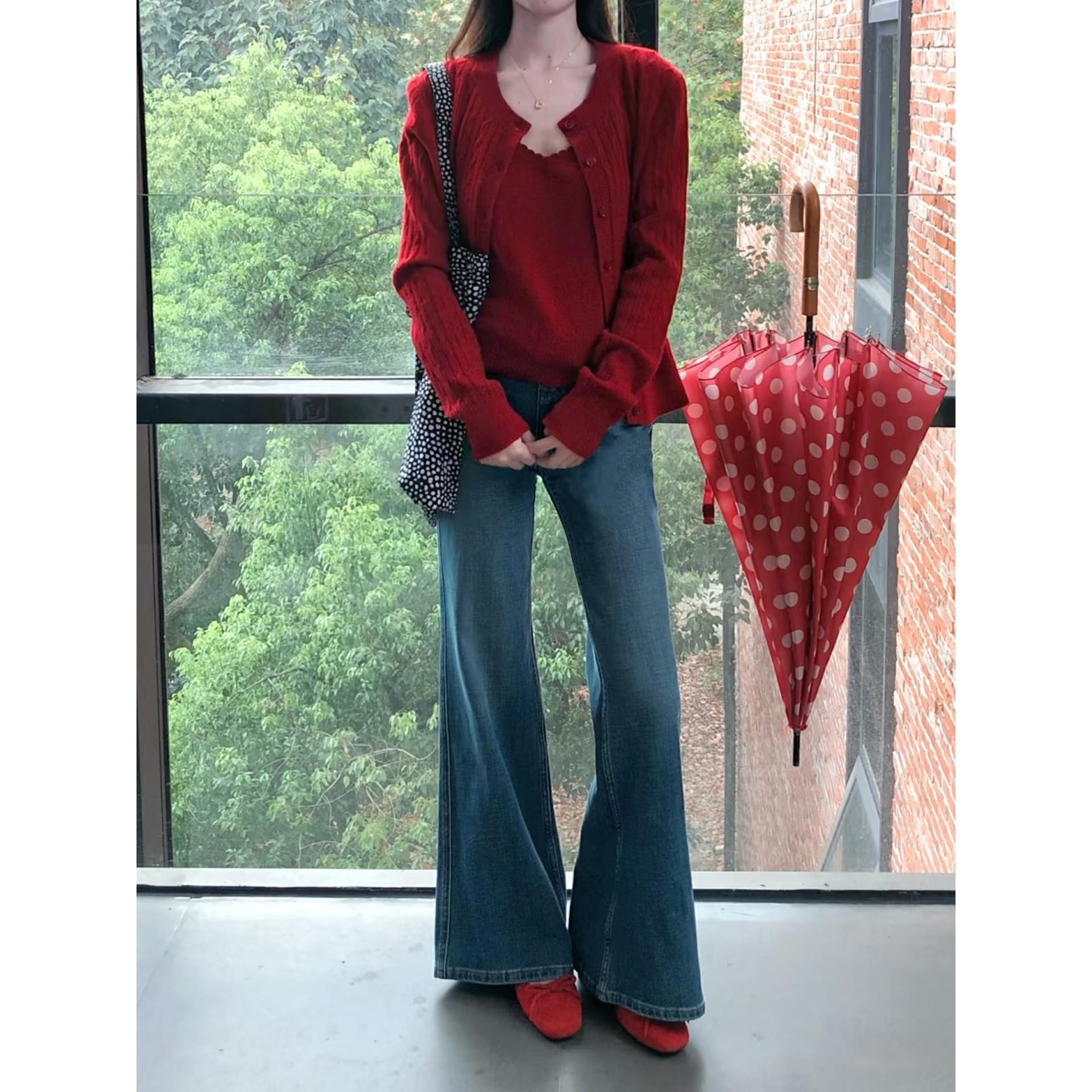 覆古蓝不贴腿微喇牛仔裤女春秋新款高腰直筒显瘦垂感休闲喇叭裤