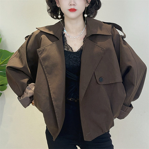 迪否秋季翻领短款工装外套潮流通勤时尚宽松百搭夹克上衣女士2592