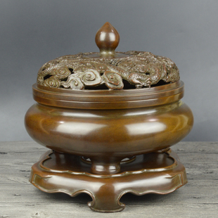 鬲式 铜香炉纯铜家用大号特大盘香炉宣德炉带底座线香炉供奉铜香炉