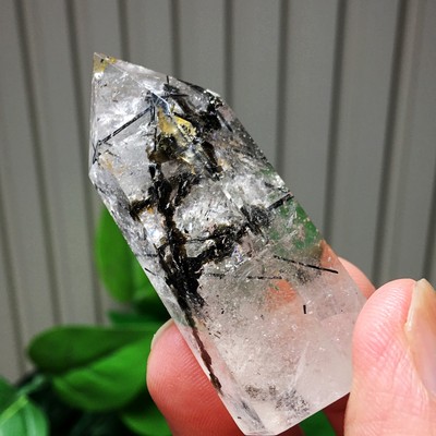 天然水晶原石矿物黑发晶柱子摆件