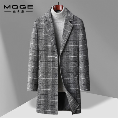 外贸爆款常货秋冬季毛呢大衣男中长款商务休闲格子加棉加厚呢大衣