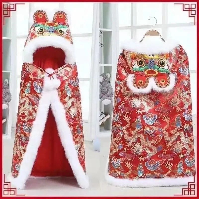 婴儿出门防风斗篷儿男宝中国刺绣手工兔毛虎头防风披肩儿童斗篷宝