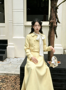 北岛家原创秋季法式黄色名媛小香风套装富家千金小洋装两件套女