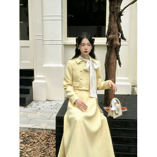 北岛家原创秋季法式黄色名媛小香风套装富家千金小洋装两件套女