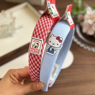 HelloKitty红蓝格纹宽边海绵头箍女甜美布艺高颅顶发箍洗脸压发卡