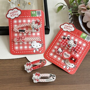 正版hellokitty红色波点边夹可爱萌kt猫格纹发夹少女心刘海碎发夹