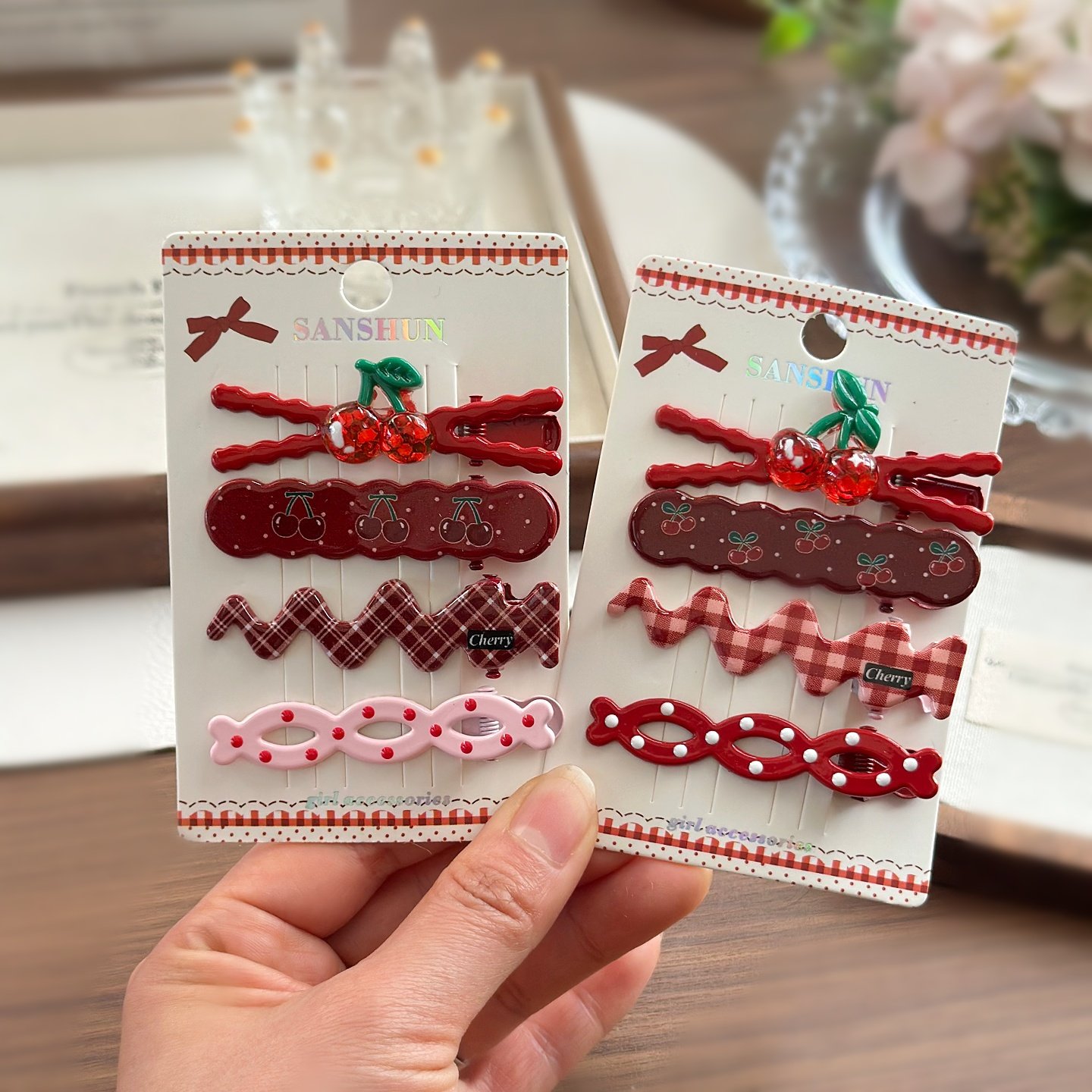 安可拉红可爱樱桃儿童刘海夹4件套少女波点金属鸭嘴夹碎发侧边夹