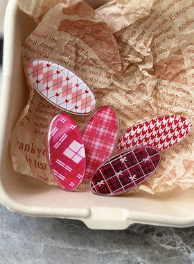 5个装~复古学院风红色菱格小椭圆发夹少女刘海碎发夹甜美秋冬边夹