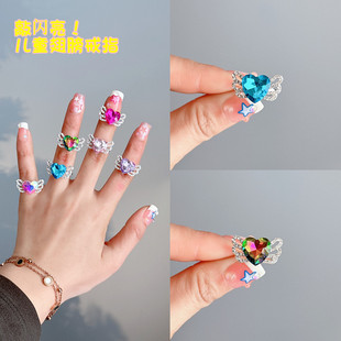 儿童开口戒指天使翅膀防水晶公主水钻指环小女孩首饰礼物女童玩具