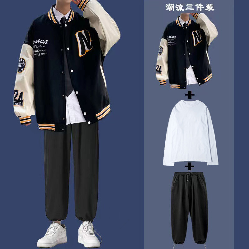 春秋季棒球服夹克外套男套装ins港风潮流痞帅男装搭配帅气三件套