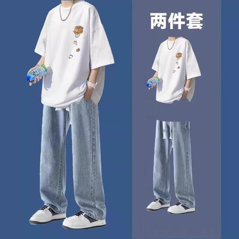夏季男生两件套装港风宽松短袖T