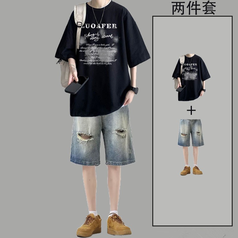 夏季字母印花T恤男士短袖套装