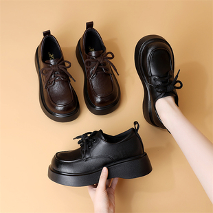 英伦风厚底乐福鞋女款系带圆头中跟小皮鞋中老年通勤工装上班单鞋