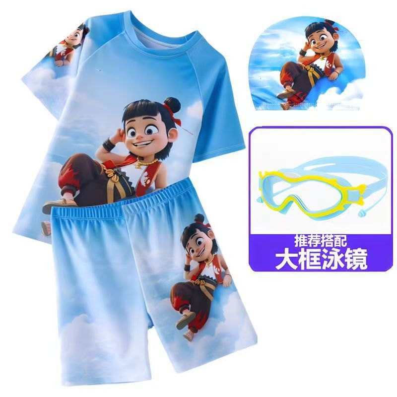 儿童泳衣分体2025新款男童短袖速干专业游泳衣中大童哪吒卡通泳装