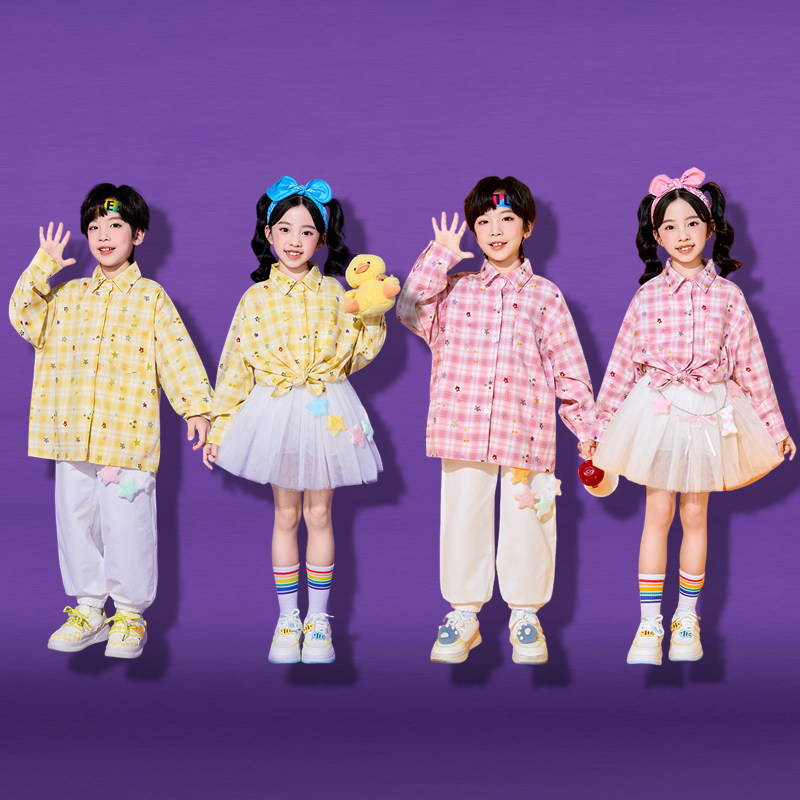 儿童格子衬衫春秋套男童合唱团服女童裙子啦啦操表演服幼儿园班服