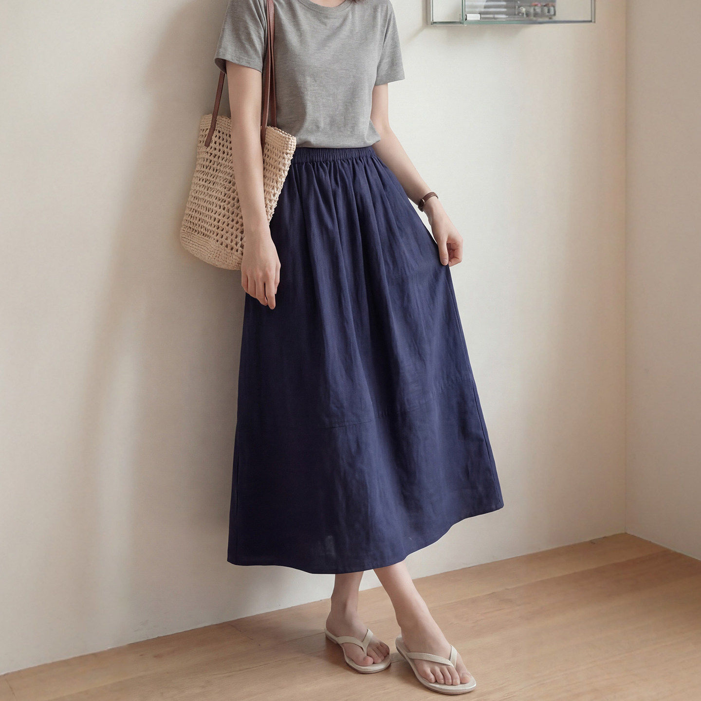 藏青色亚麻半身裙女夏季a字长裙半身裙