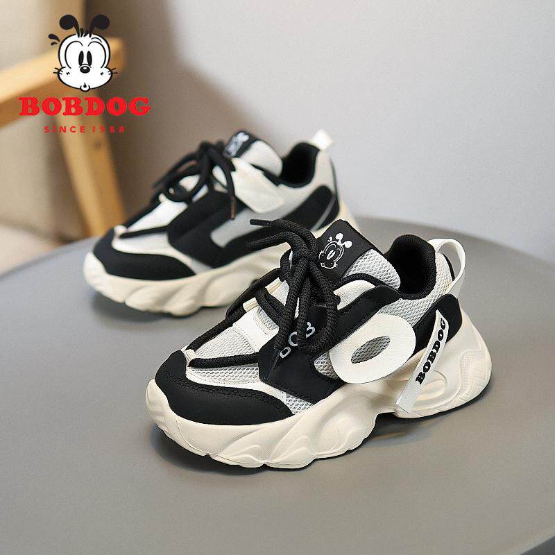 巴布豆女童鞋子2025新款春季网面透气儿童运动鞋女孩黑色老爹鞋潮