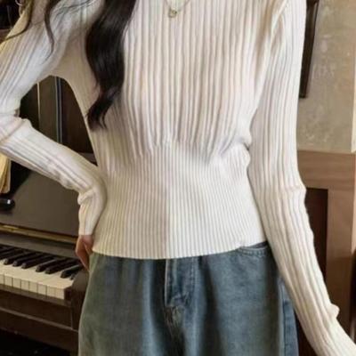 2024冬坑条圆领100纯山羊绒衫女欧货高端针织修身短内搭打底毛衣