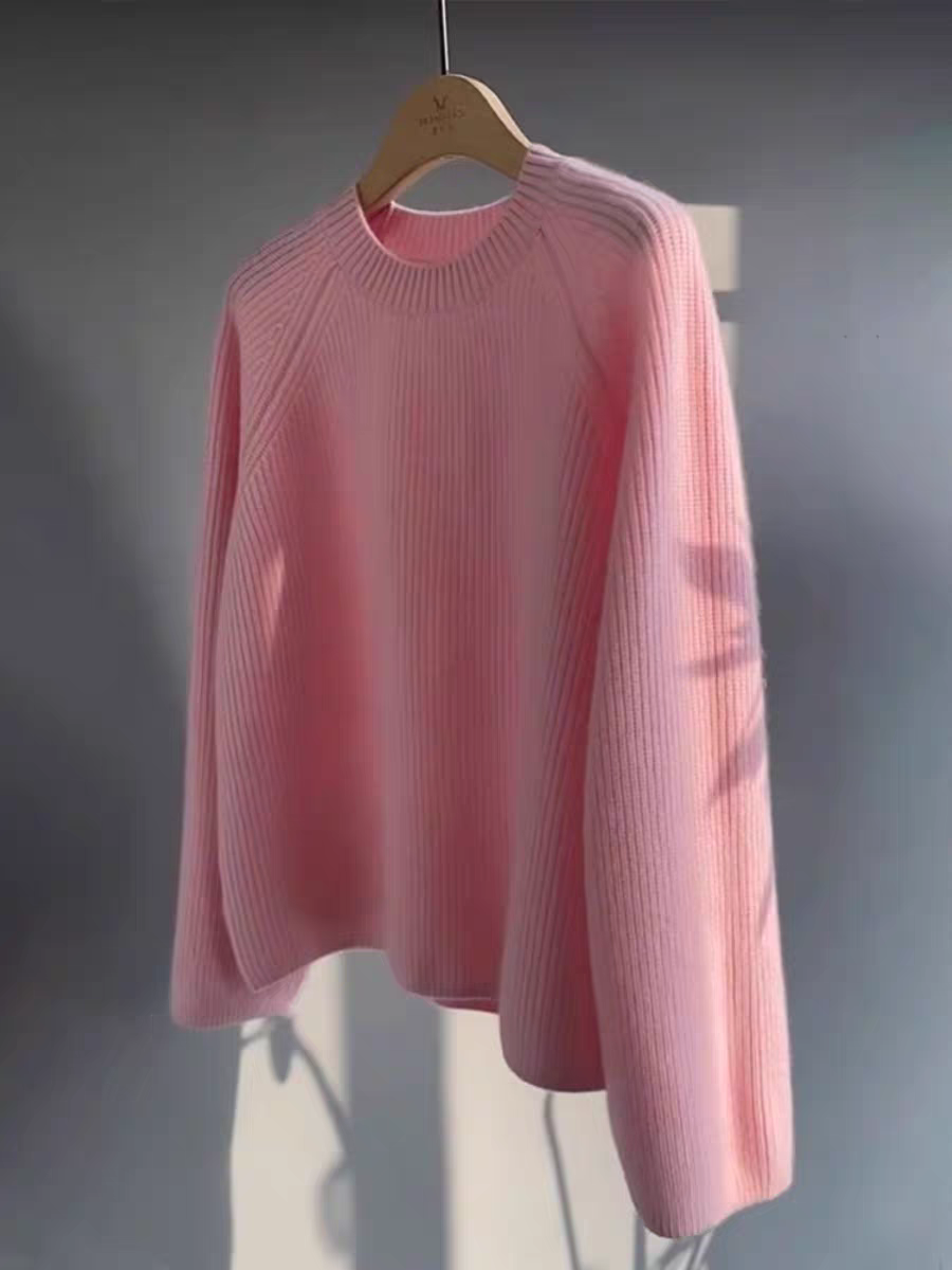 25秋冬女新款圆领羊绒衫宽松显瘦加厚毛衣羊毛针织粉色上衣女短款