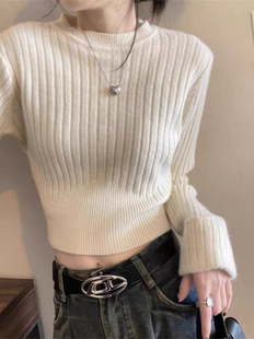 高腰短款羊绒衫小个子100%纯羊毛衫女白色圆领挽袖毛衣修身打底衫