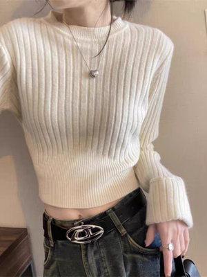 高腰短款羊绒衫小个子100%纯羊毛衫女白色圆领挽袖毛衣修身打底衫