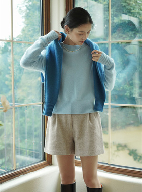 23秋冬短款圆领羊绒衫高腰套头毛衣浅蓝色显白羊毛打底针织衫上衣