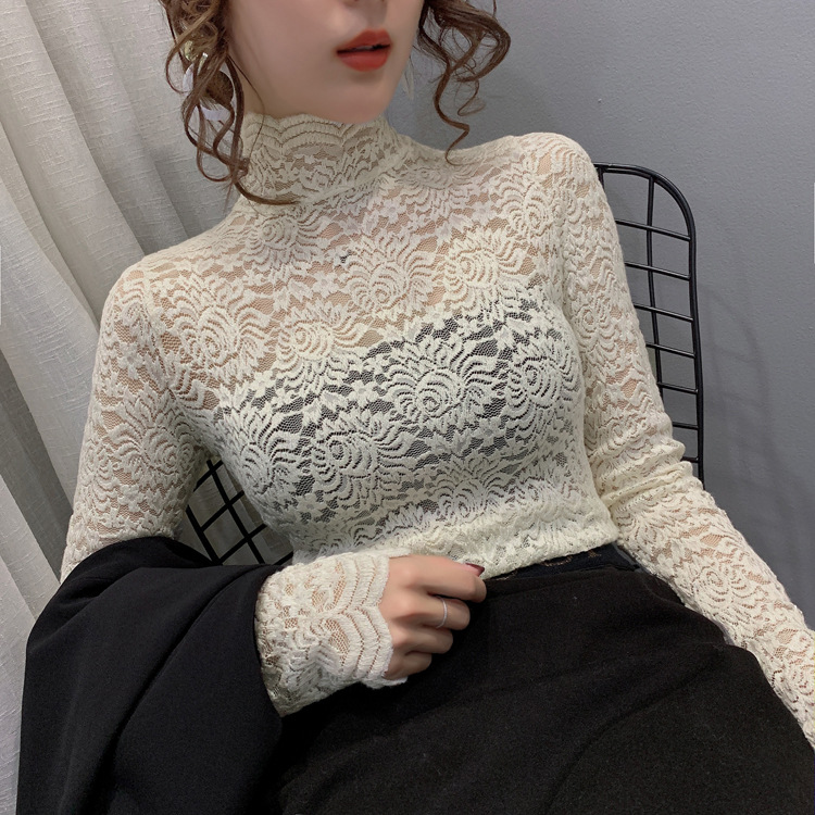 立领伪娘风男女装蕾丝微透打底衫