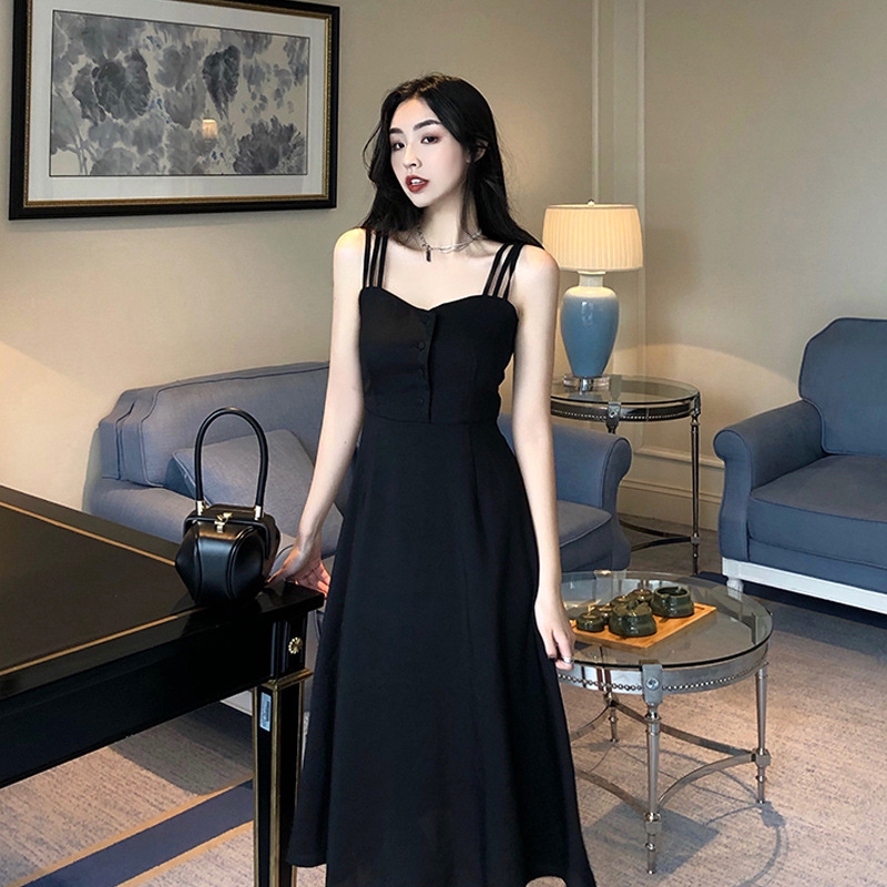 夏季黑色吊带伪娘大码连衣裙纯色男扮女装大佬甜美长裙cd变装衣服