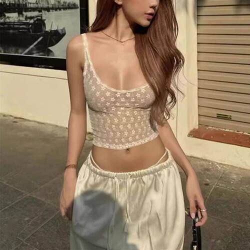 蕾丝印花吊带女装大佬伪娘背心性感露脐修身显瘦透明cd变装上衣男