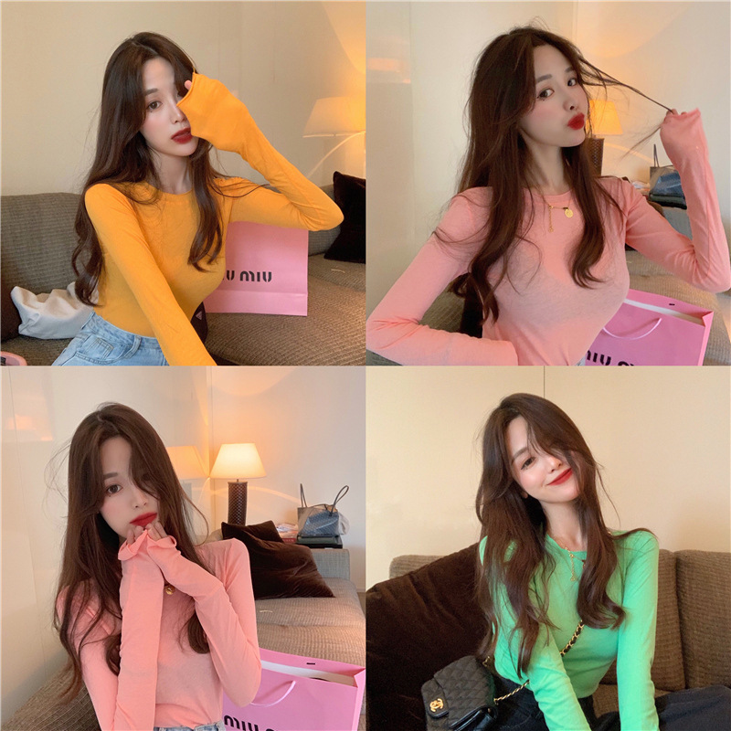 大码修身男士薄款伪娘打底衫t恤女装大佬糖果色cd变装长袖上衣女