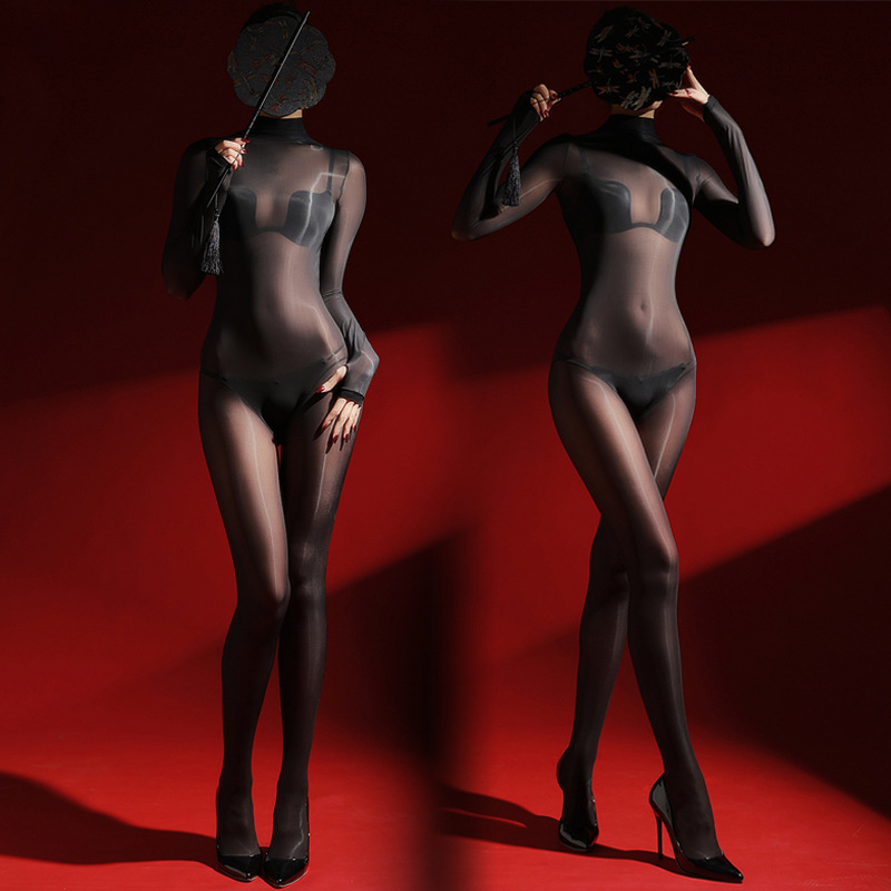 伪娘男娘jj套性感连体衣全包紧身女装大佬高领油亮开档丝袜连身袜