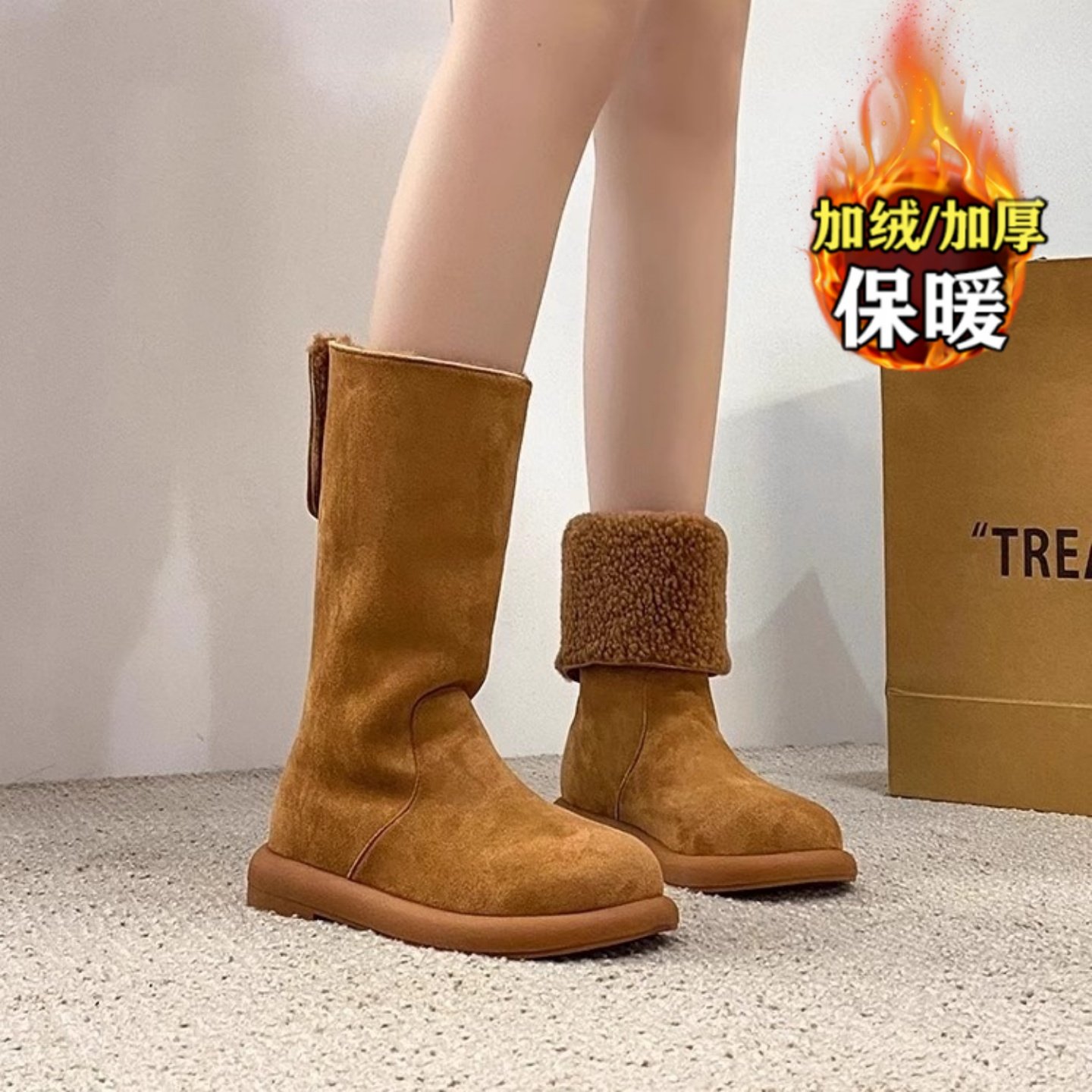 品牌真皮雪地靴女2025冬季新款翻边中筒靴加绒保暖毛毛靴防寒棉靴