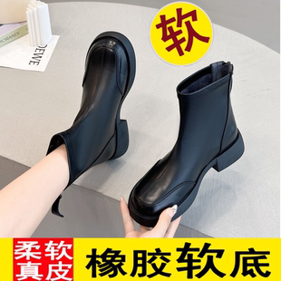 品牌马丁靴女2025冬季新款短靴加绒平底软皮切尔西圆头瘦瘦靴粗跟