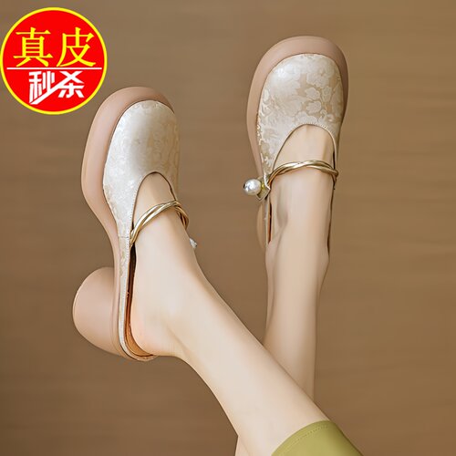 品牌真皮包头半拖鞋女夏季2025新款外穿凉拖鞋国风配裙子粗跟凉鞋