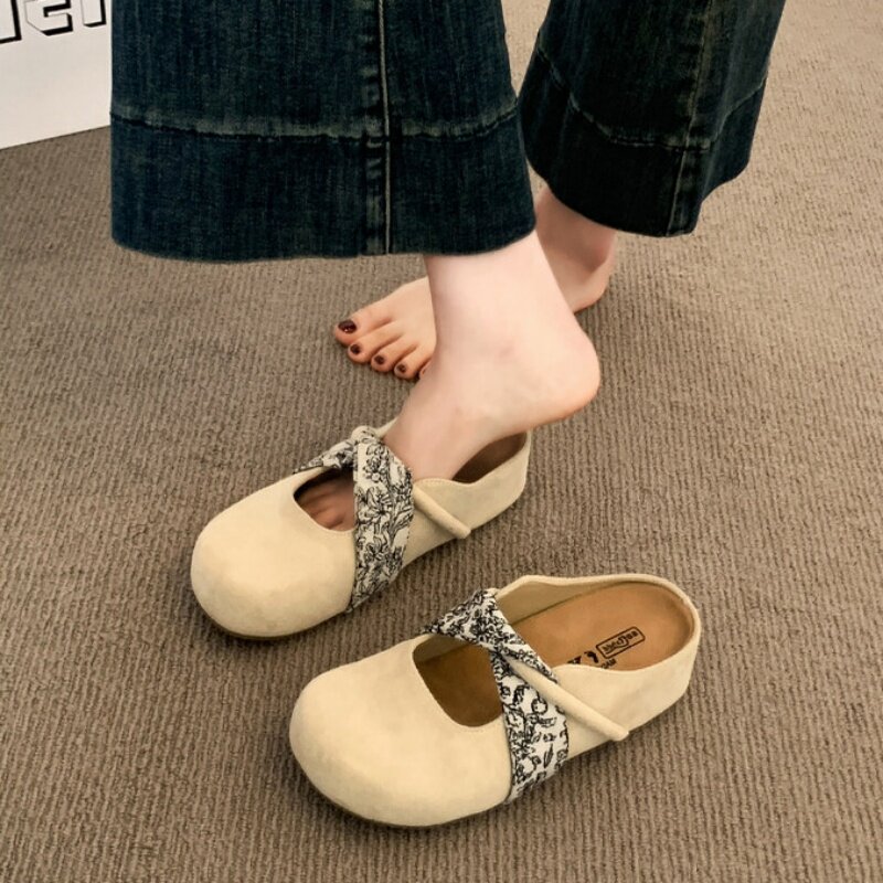 法式蝴蝶结包头半拖鞋女2026新款春秋厚底内增高百搭一脚蹬勃肯鞋