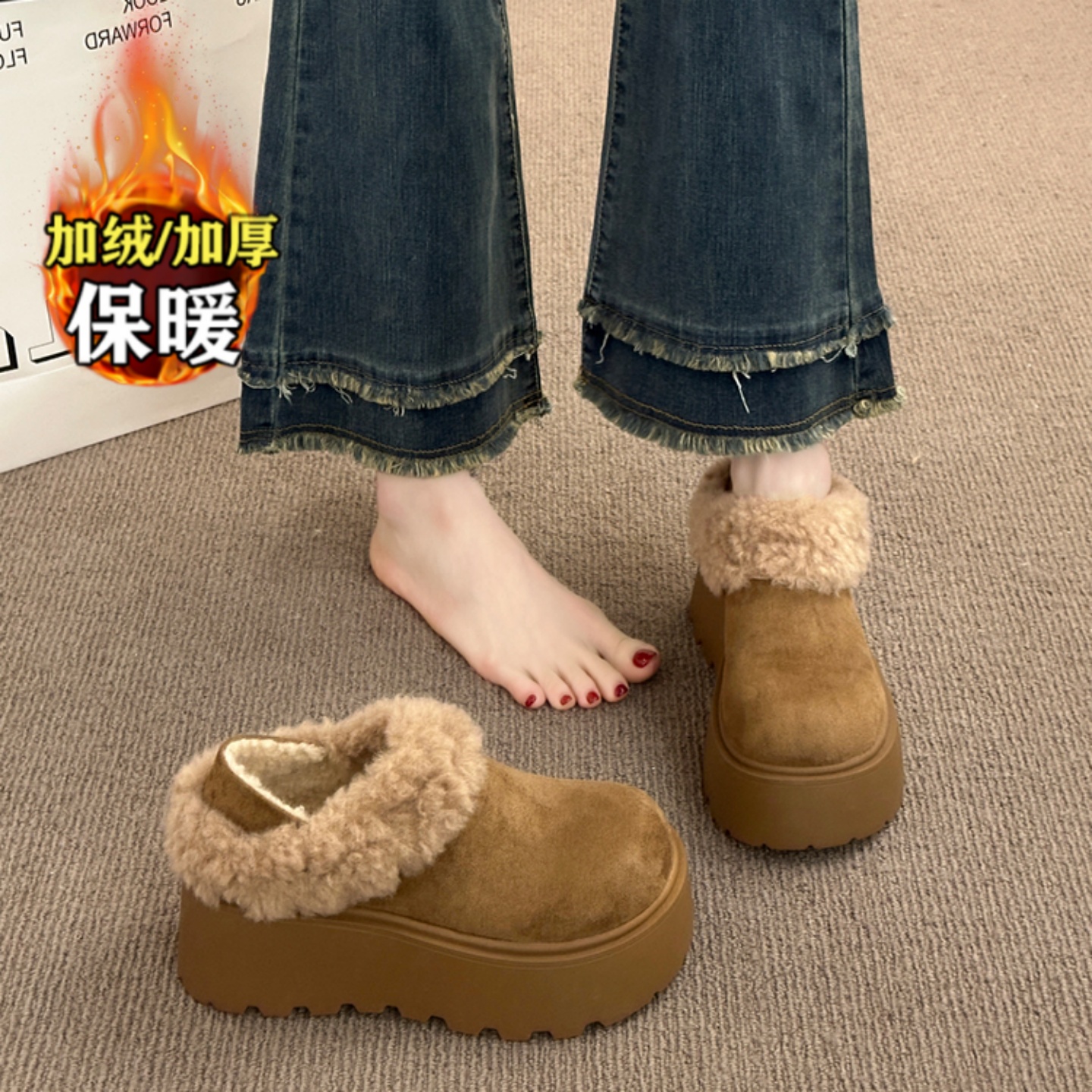 品牌真皮加绒加厚棉鞋女2025冬季新款厚底勃肯鞋毛毛鞋保暖雪地靴