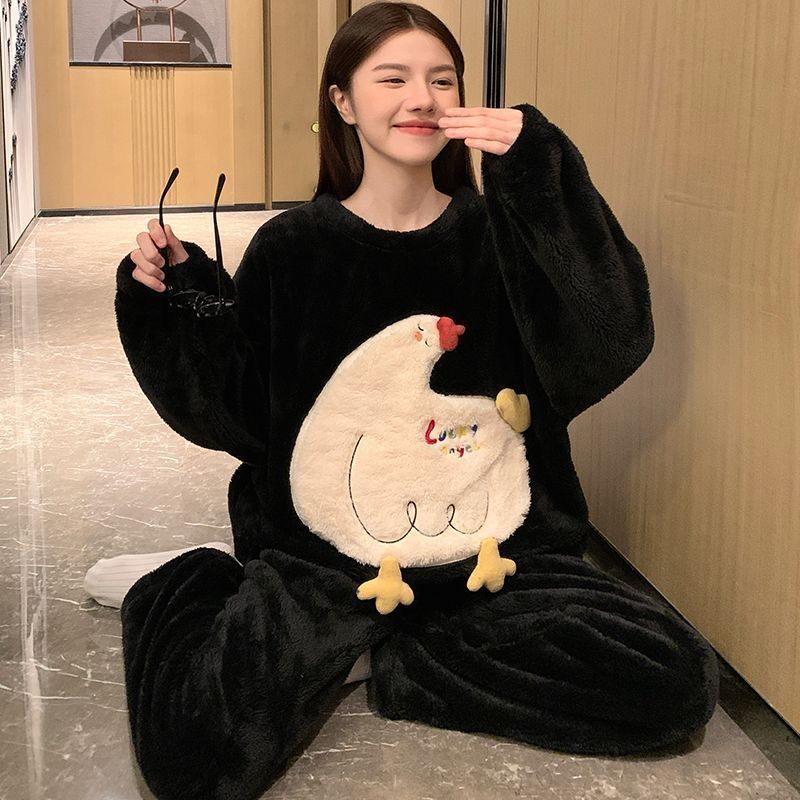 法兰绒套头家居服女圆领猫冬保暖月子可外出睡衣珊瑚舒适冬眠御寒