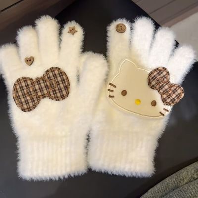 新款可爱棕色格子蝴蝶结手套